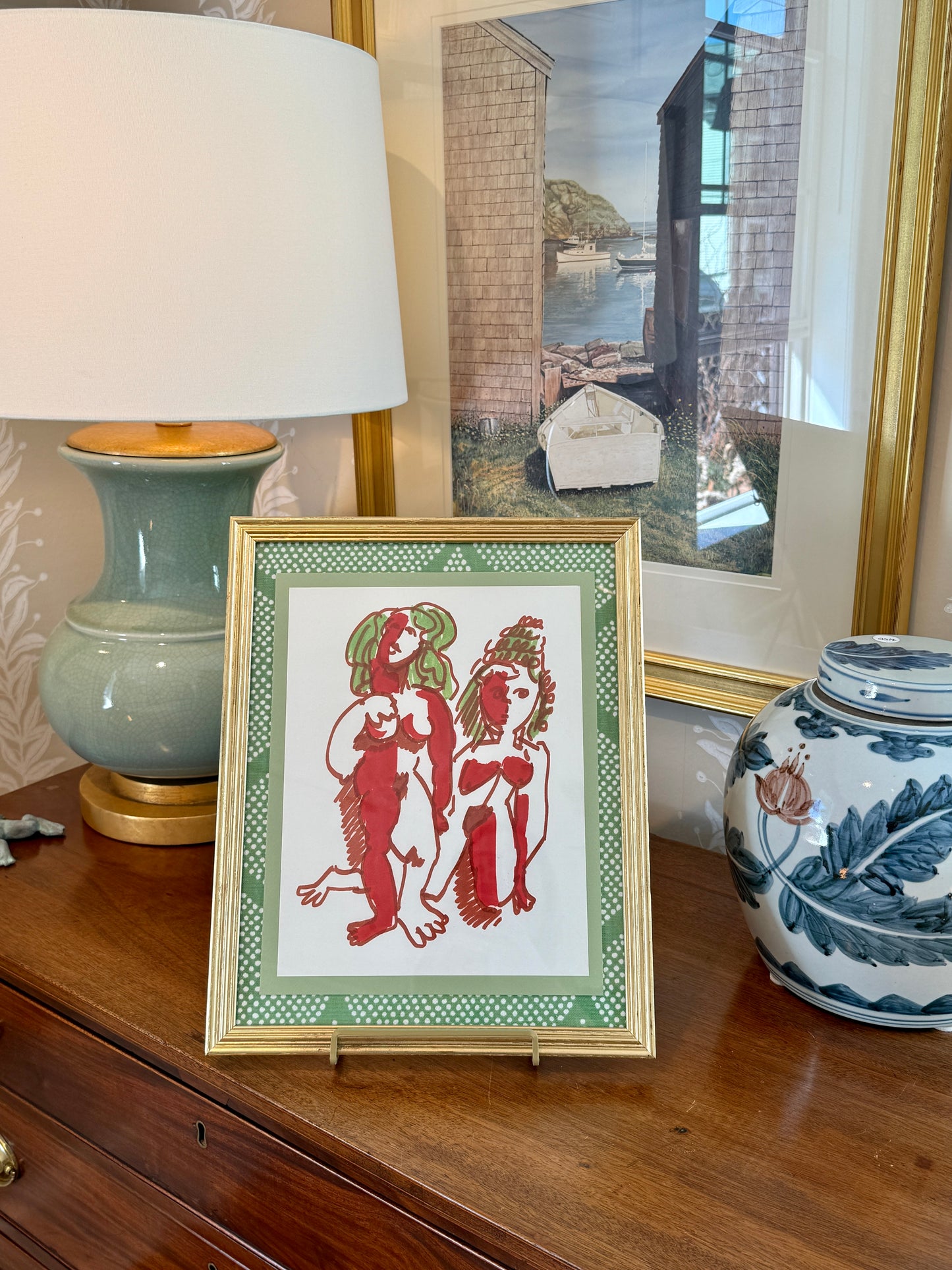 In the Manner of Pablo Picasso Mixed Media Ladies Portrait in Gold Frame