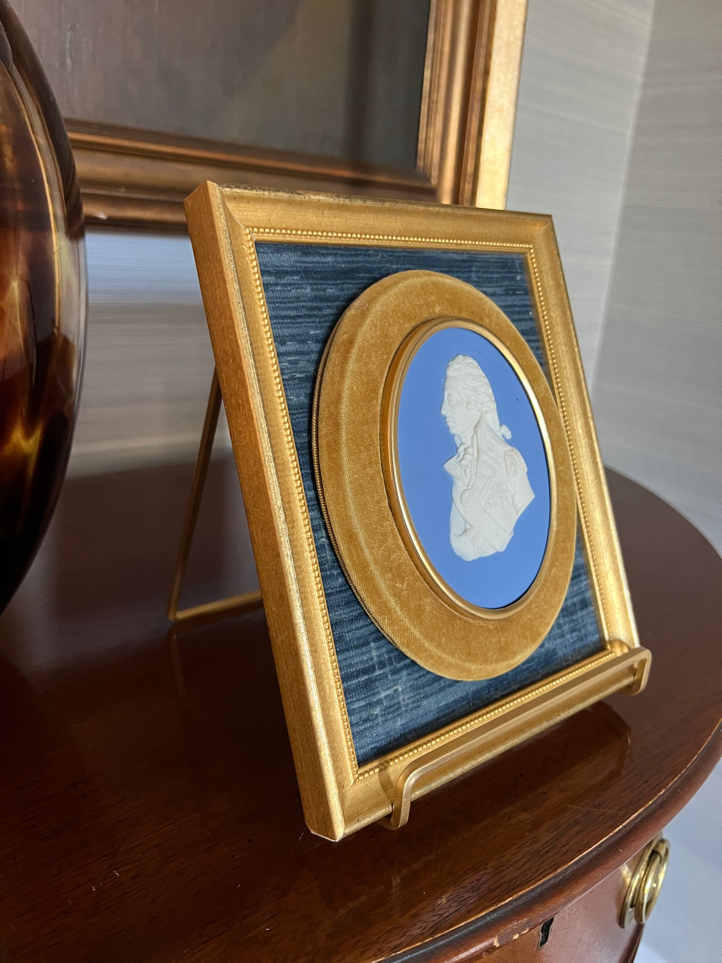 Wedgwood Jasperware Portrait Medallion of Lord Nelson Mounted on Blue Velvet in Gold Frame