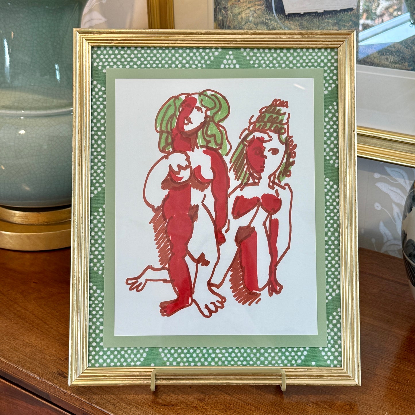 In the Manner of Pablo Picasso Mixed Media Ladies Portrait in Gold Frame