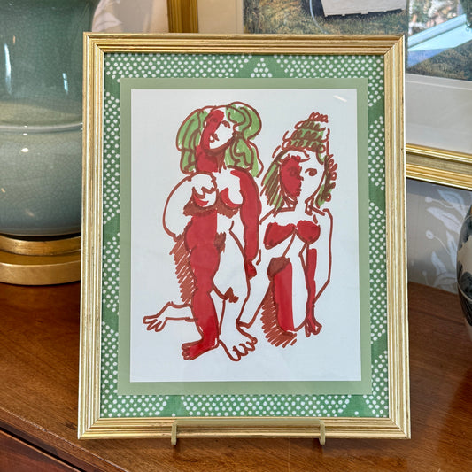 In the Manner of Pablo Picasso Mixed Media Ladies Portrait in Gold Frame