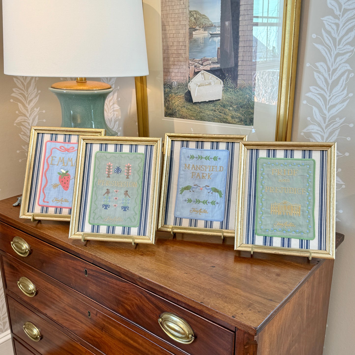 Jane Austen Novels Set of Four Emroidered Linen Books on Ivory and Navy Stripes in Gold Frames