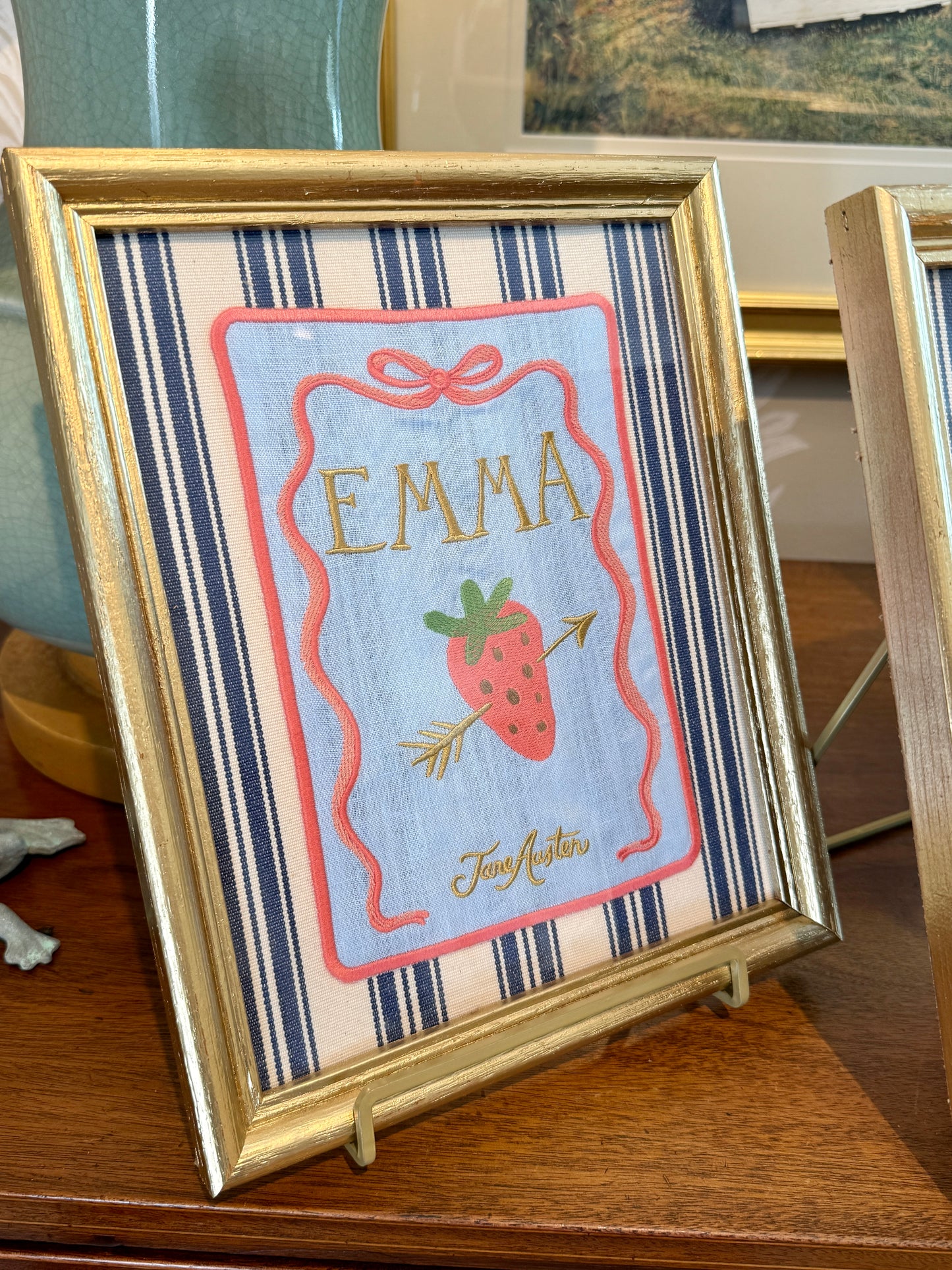 Jane Austen Novels Set of Four Emroidered Linen Books on Ivory and Navy Stripes in Gold Frames