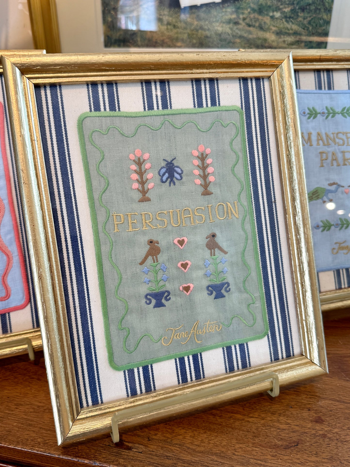 Jane Austen Novels Set of Four Emroidered Linen Books on Ivory and Navy Stripes in Gold Frames