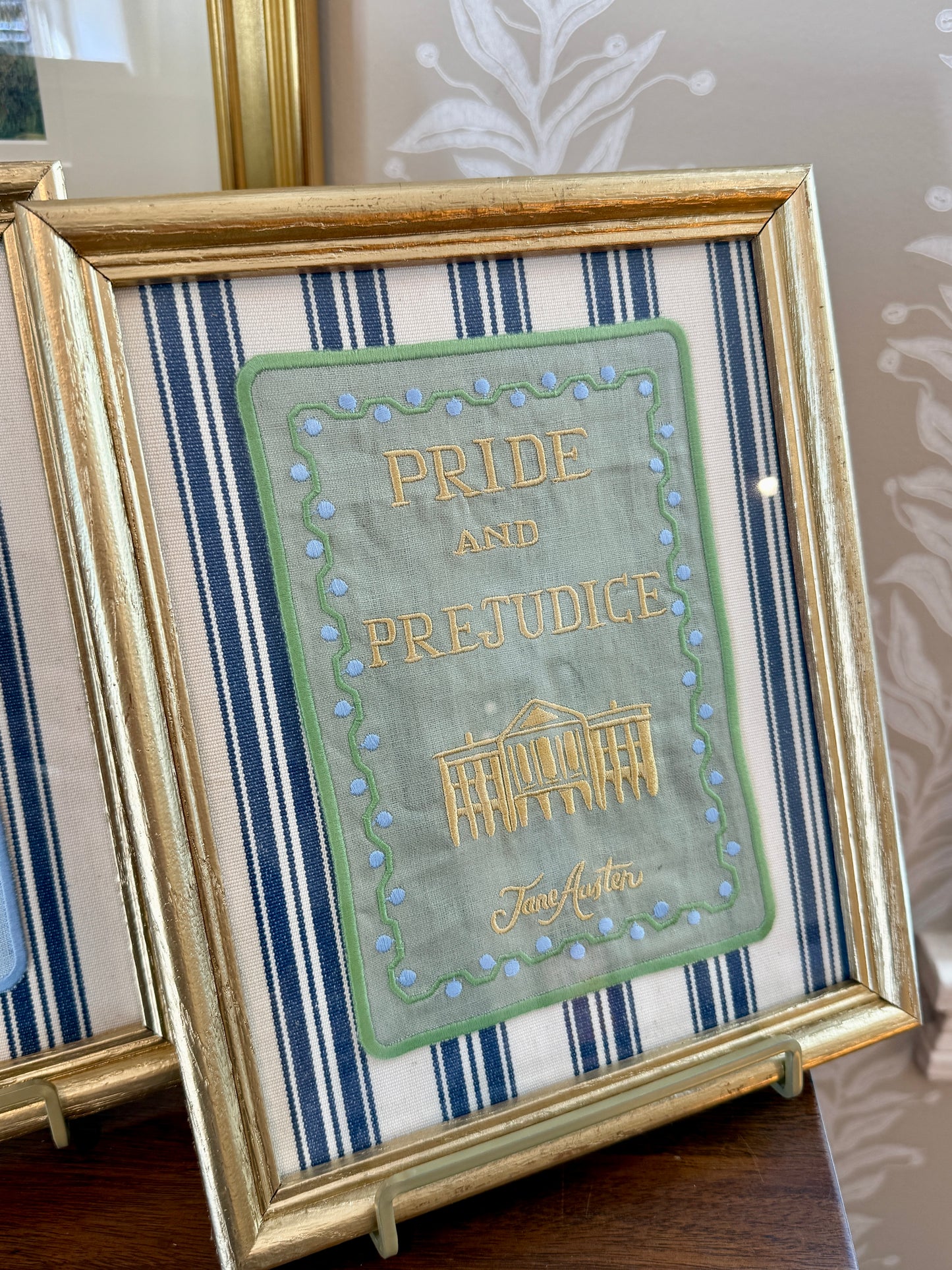 Jane Austen Novels Set of Four Emroidered Linen Books on Ivory and Navy Stripes in Gold Frames