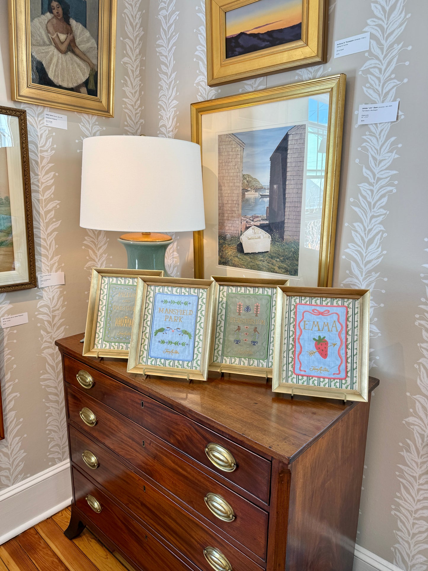 Jane Austen Novels Set of Four Emroidered Linen Books on Green Ivy Stripes in Gold Frames