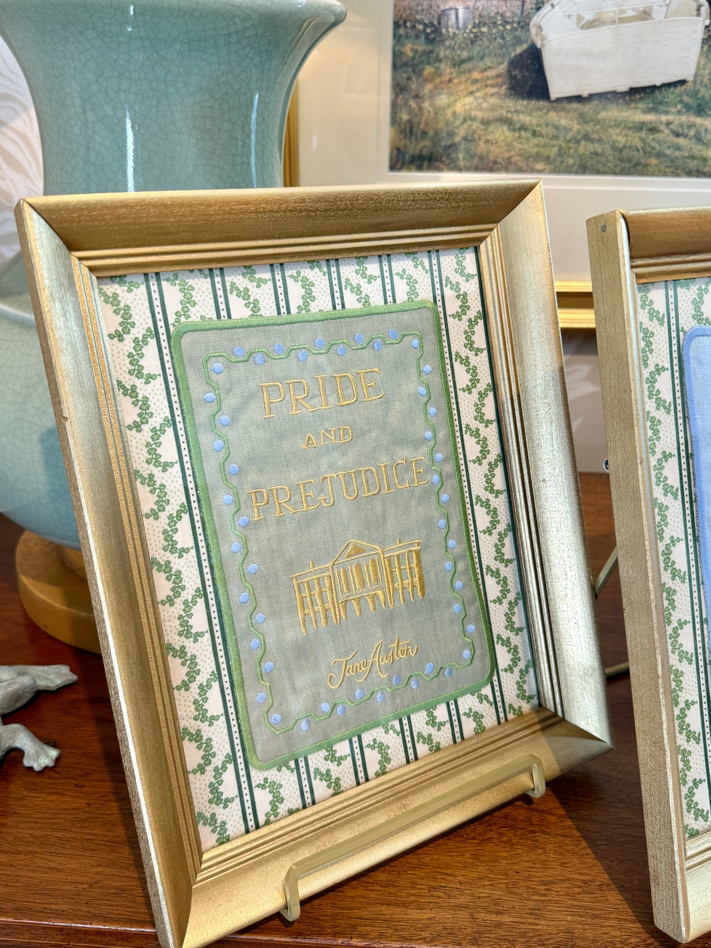 Jane Austen Novels Set of Four Emroidered Linen Books on Green Ivy Stripes in Gold Frames