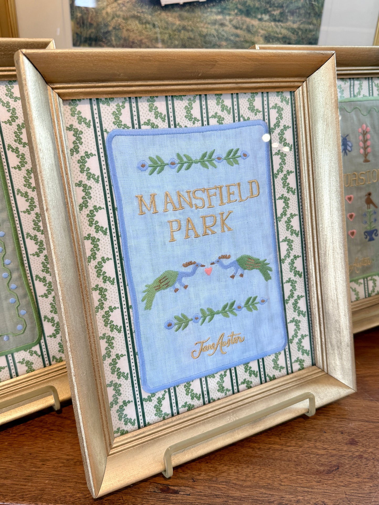 Jane Austen Novels Set of Four Emroidered Linen Books on Green Ivy Stripes in Gold Frames