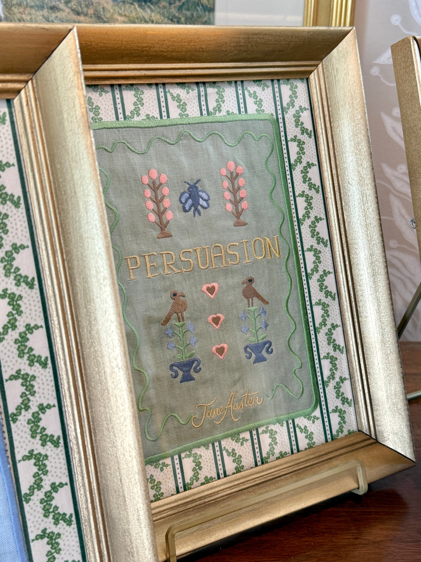 Jane Austen Novels Set of Four Emroidered Linen Books on Green Ivy Stripes in Gold Frames