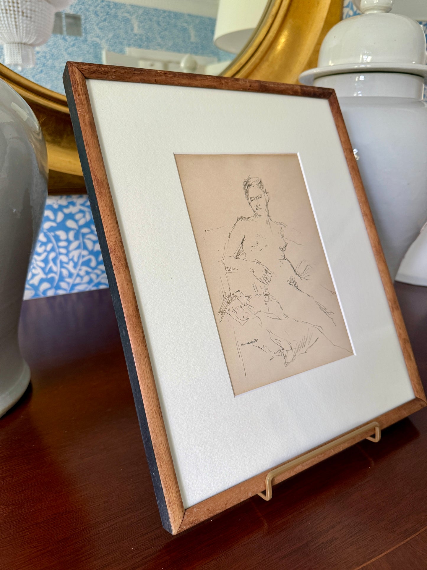 Seymour Remenick Nude Female Tonal Ink Portrait Drawing in Wood Frame