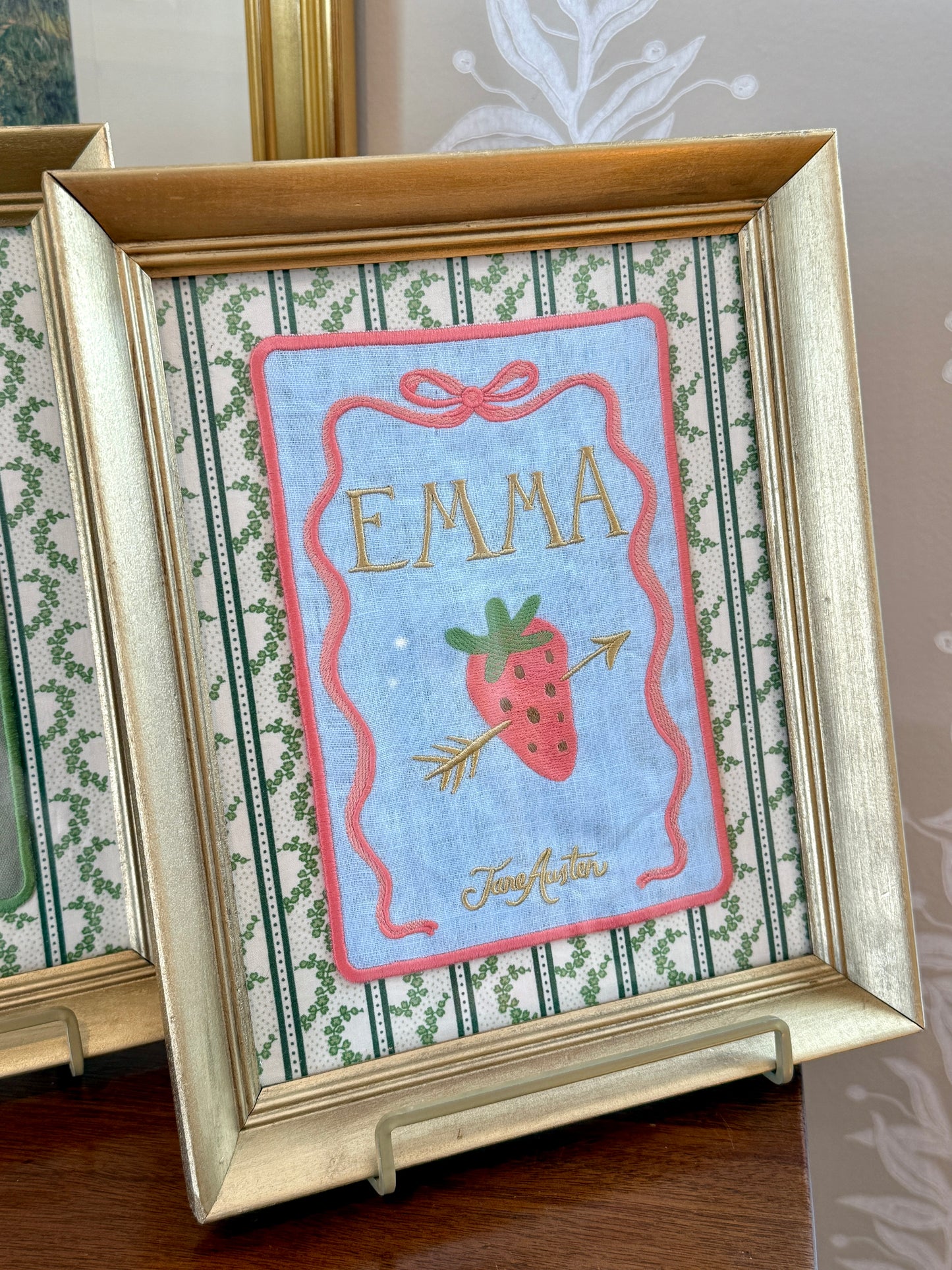 Jane Austen Novels Set of Four Emroidered Linen Books on Green Ivy Stripes in Gold Frames