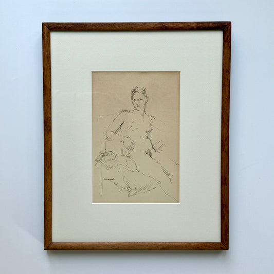 Seymour Remenick Nude Female Tonal Ink Portrait Drawing in Wood Frame