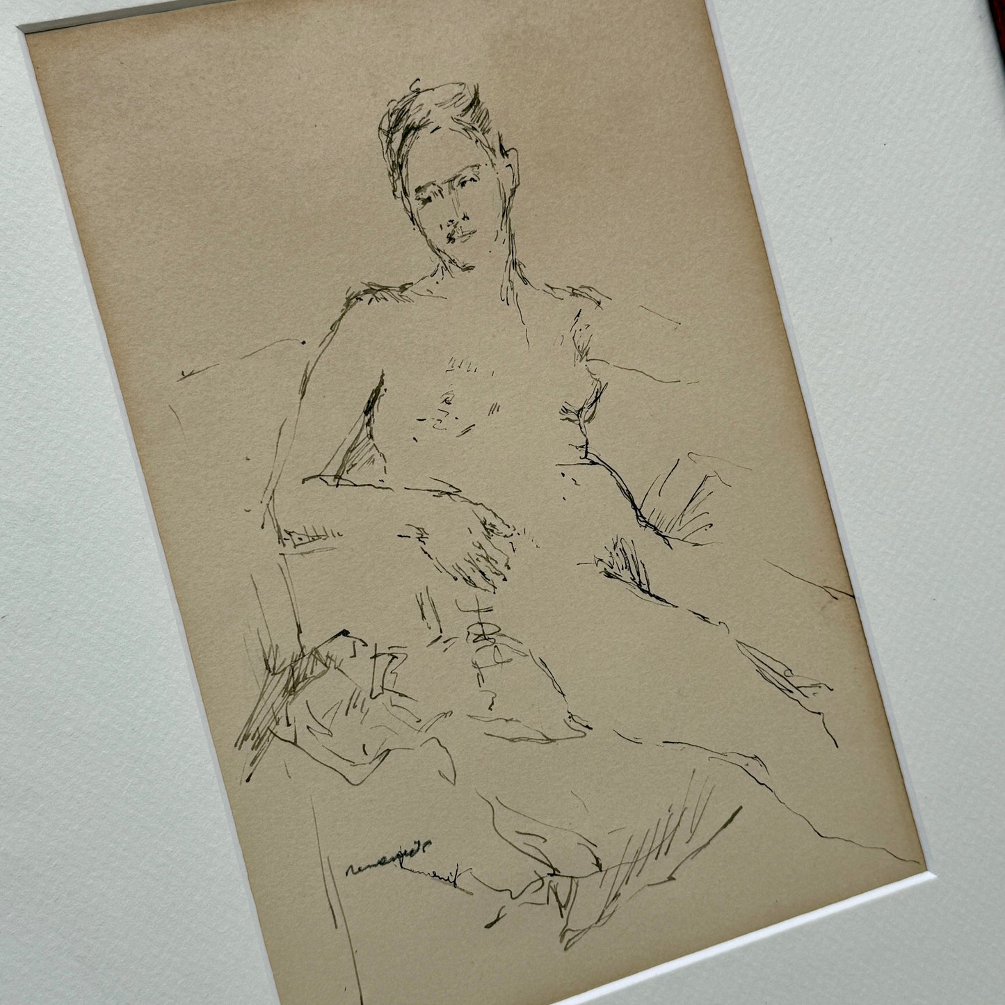 Seymour Remenick Nude Female Tonal Ink Portrait Drawing in Wood Frame