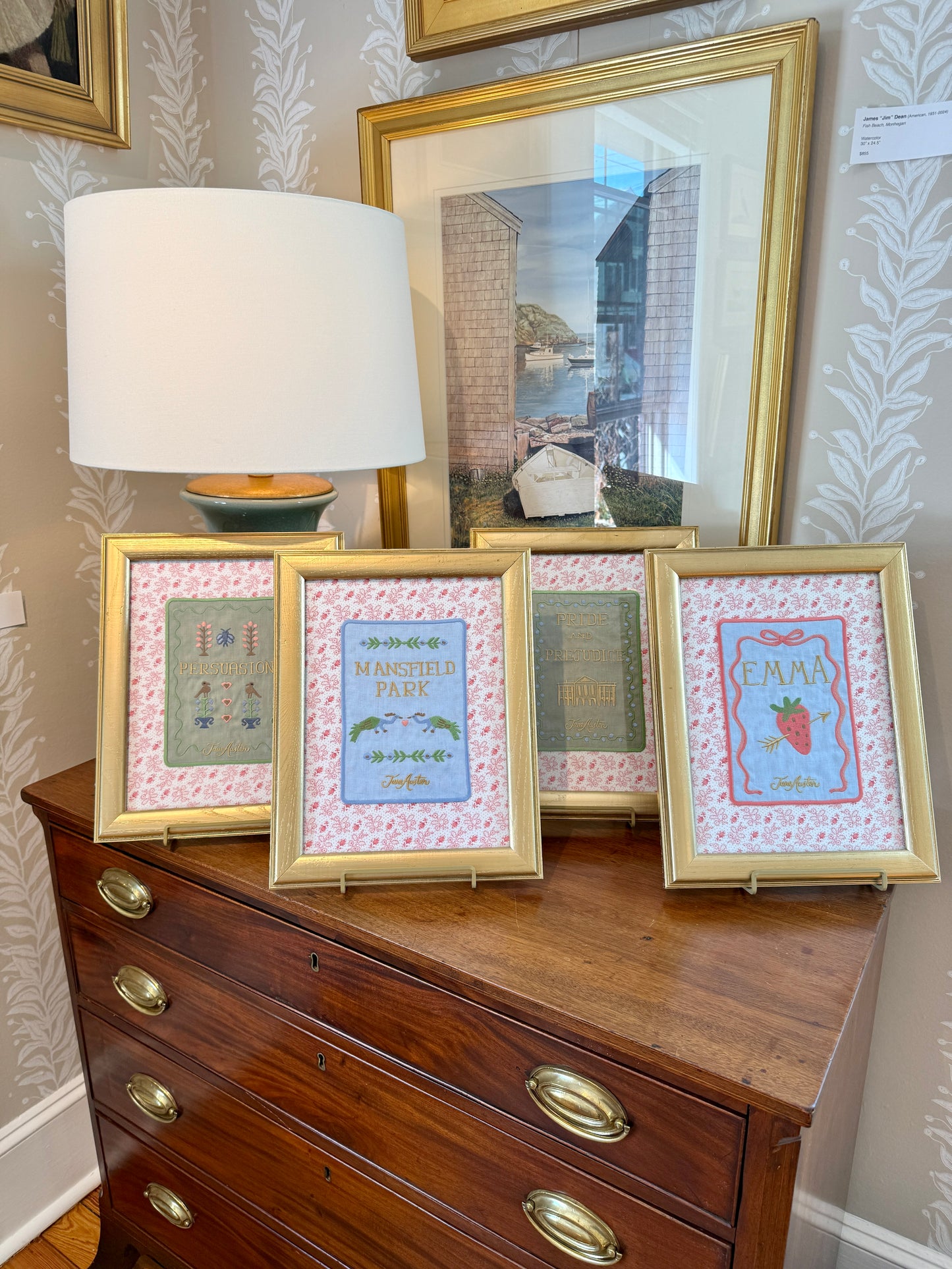 Jane Austen Novels Set of Four Emroidered Linen Books on Pink Ditsy Floral in Gold Frames