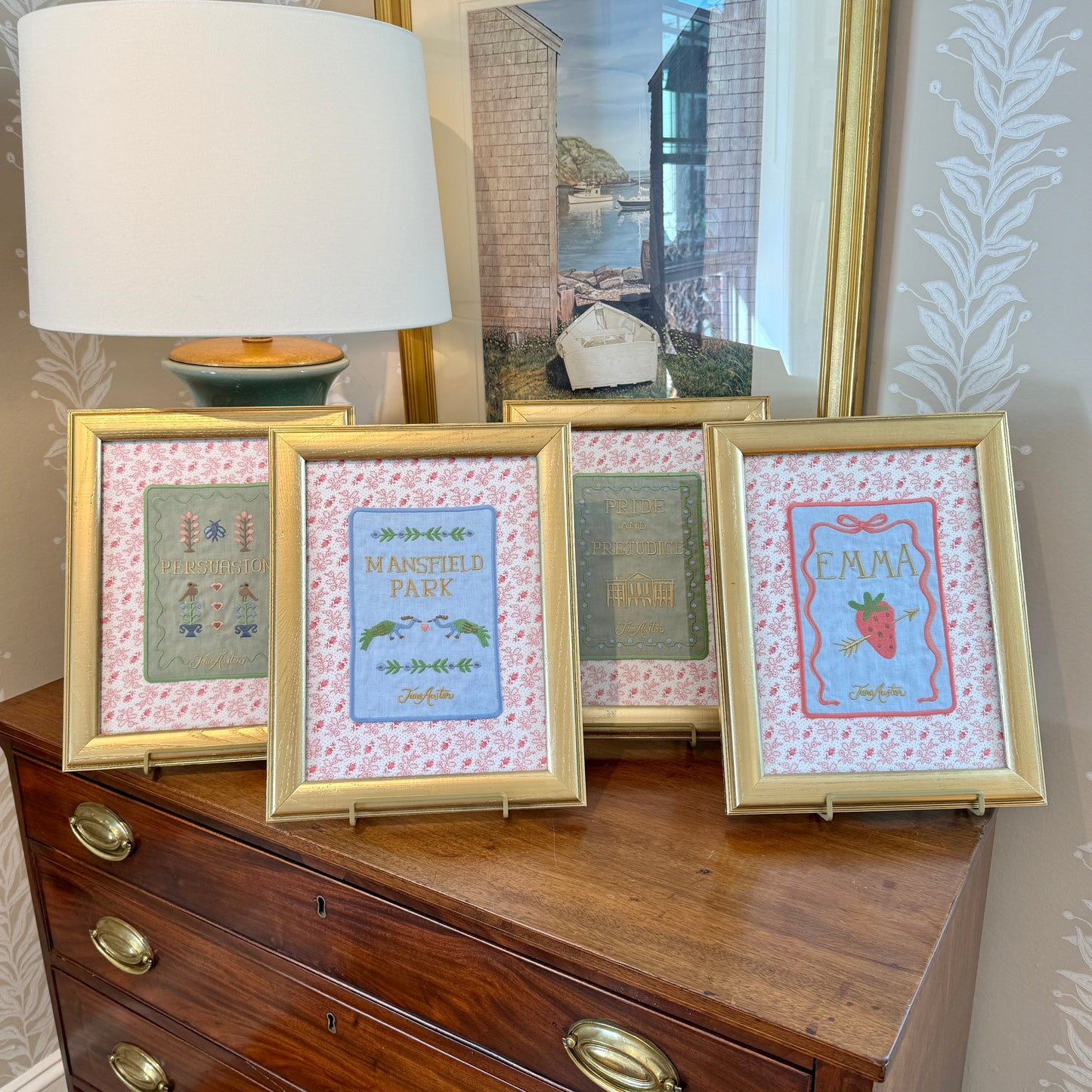 Jane Austen Novels Set of Four Emroidered Linen Books on Pink Ditsy Floral in Gold Frames