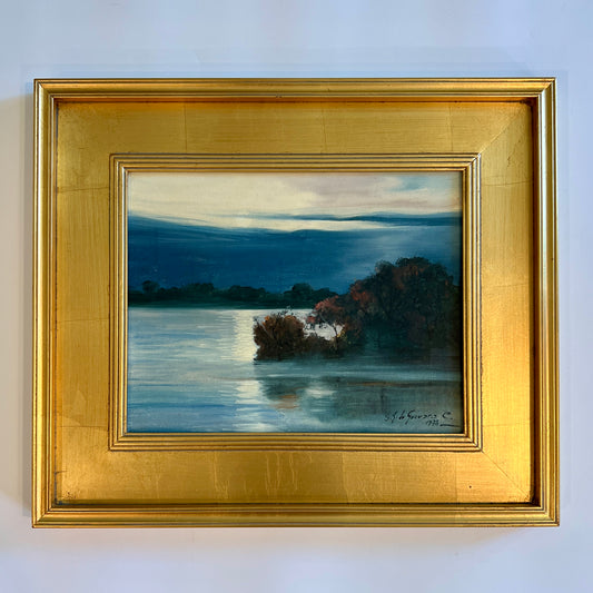 Sergio Landron de Guevara (20th c.) Moonlit Waterfront Landscape Oil Painting in Gold Frame
