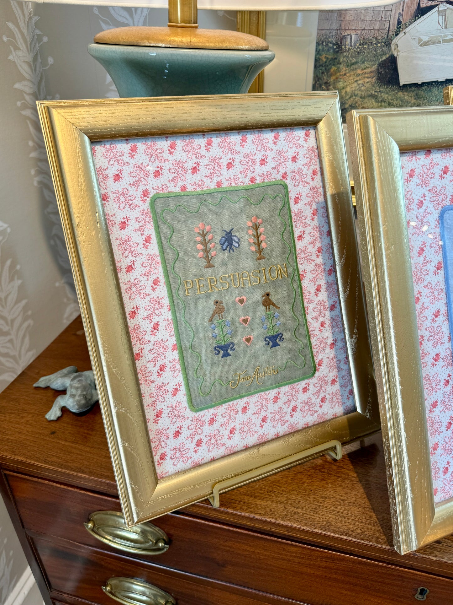 Jane Austen Novels Set of Four Emroidered Linen Books on Pink Ditsy Floral in Gold Frames