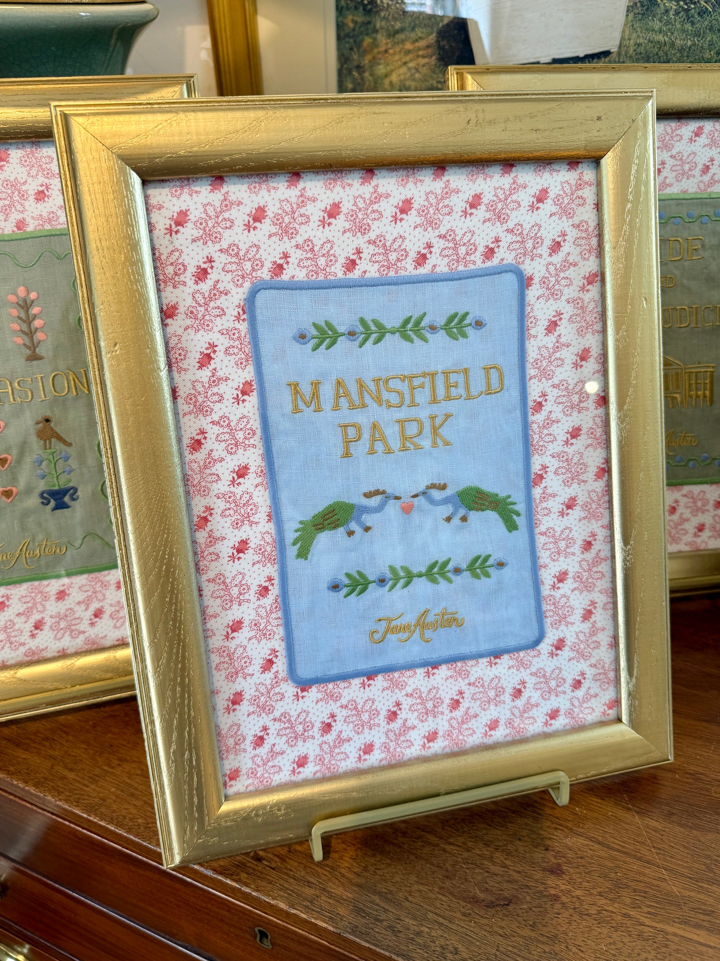 Jane Austen Novels Set of Four Emroidered Linen Books on Pink Ditsy Floral in Gold Frames