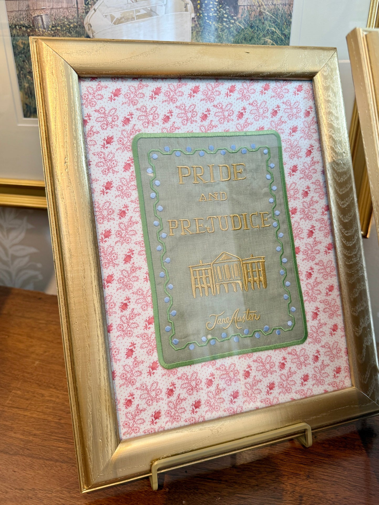 Jane Austen Novels Set of Four Emroidered Linen Books on Pink Ditsy Floral in Gold Frames