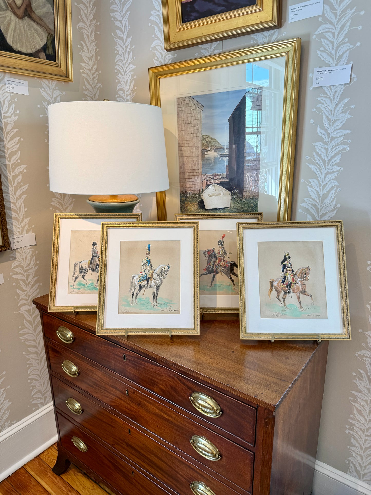 Set of Four Eugène Pechaubes Military Officers on Horseback Portraits Gouache Painted Engravings in Gold Frames