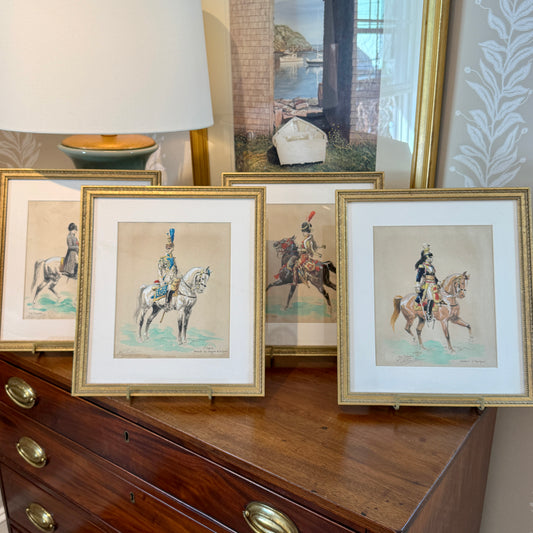 Set of Four Eugène Pechaubes Military Officers on Horseback Portraits Gouache Painted Engravings in Gold Frames