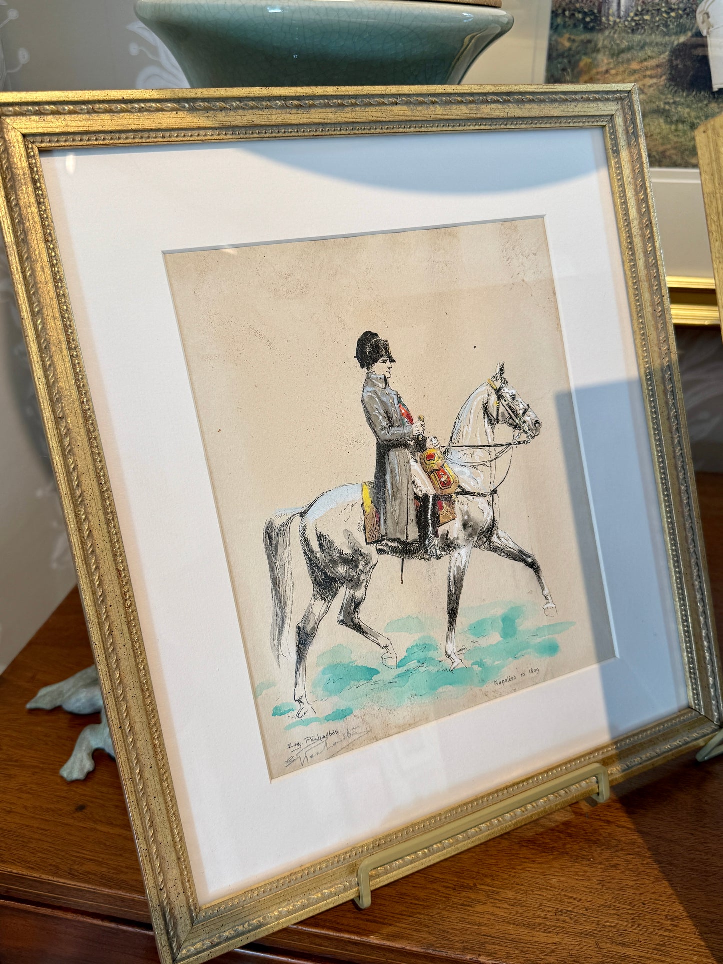 Set of Four Eugène Pechaubes Military Officers on Horseback Portraits Gouache Painted Engravings in Gold Frames