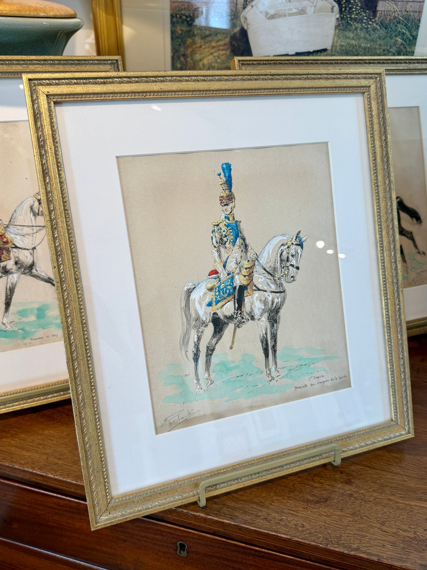 Set of Four Eugène Pechaubes Military Officers on Horseback Portraits Gouache Painted Engravings in Gold Frames