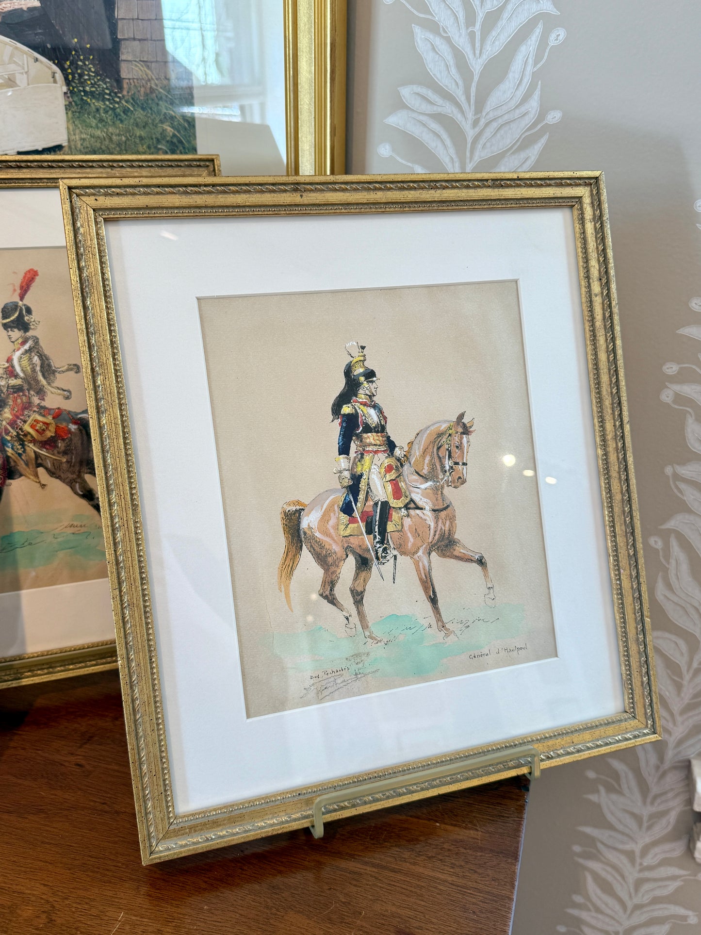 Set of Four Eugène Pechaubes Military Officers on Horseback Portraits Gouache Painted Engravings in Gold Frames