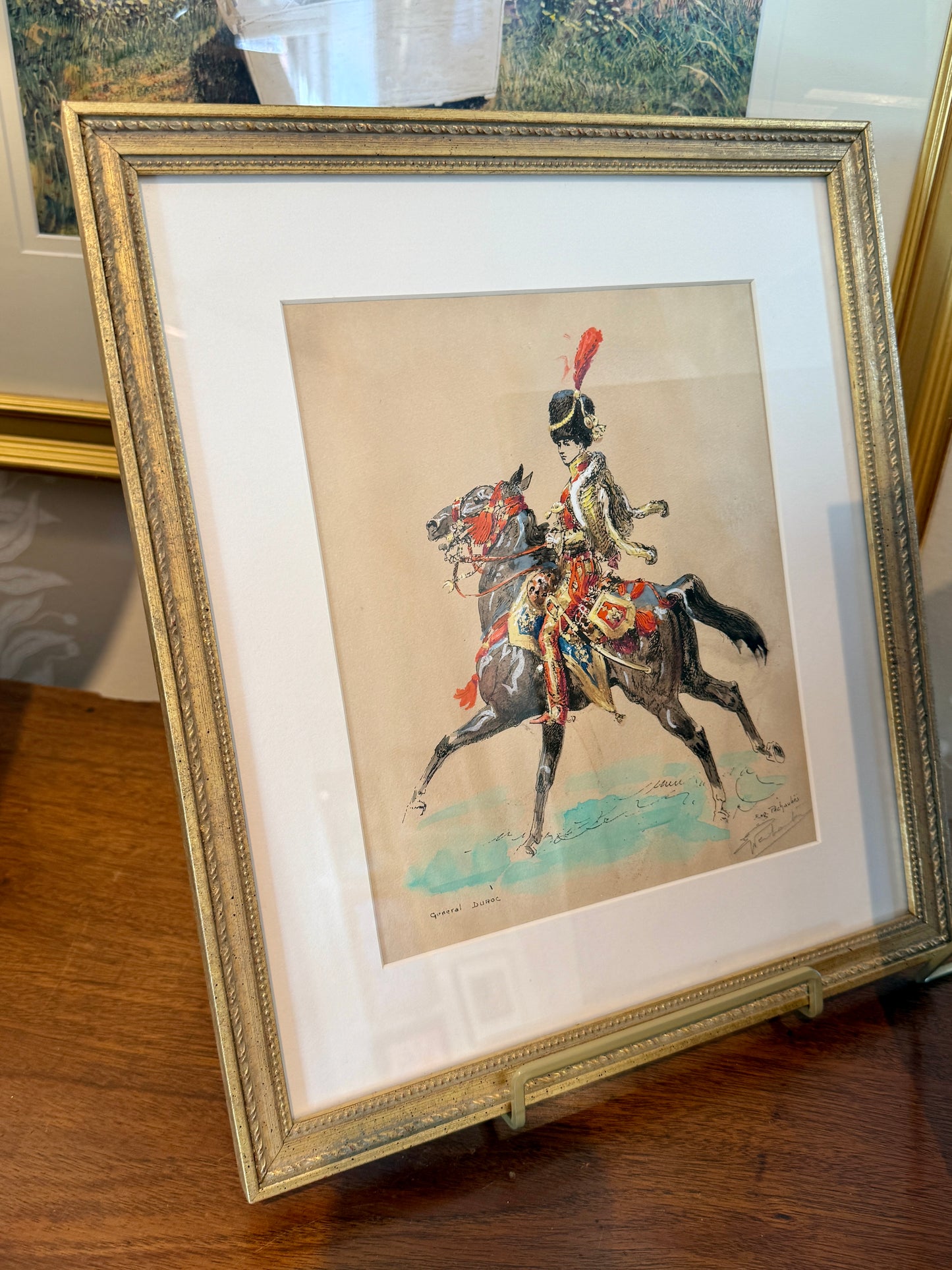 Set of Four Eugène Pechaubes Military Officers on Horseback Portraits Gouache Painted Engravings in Gold Frames