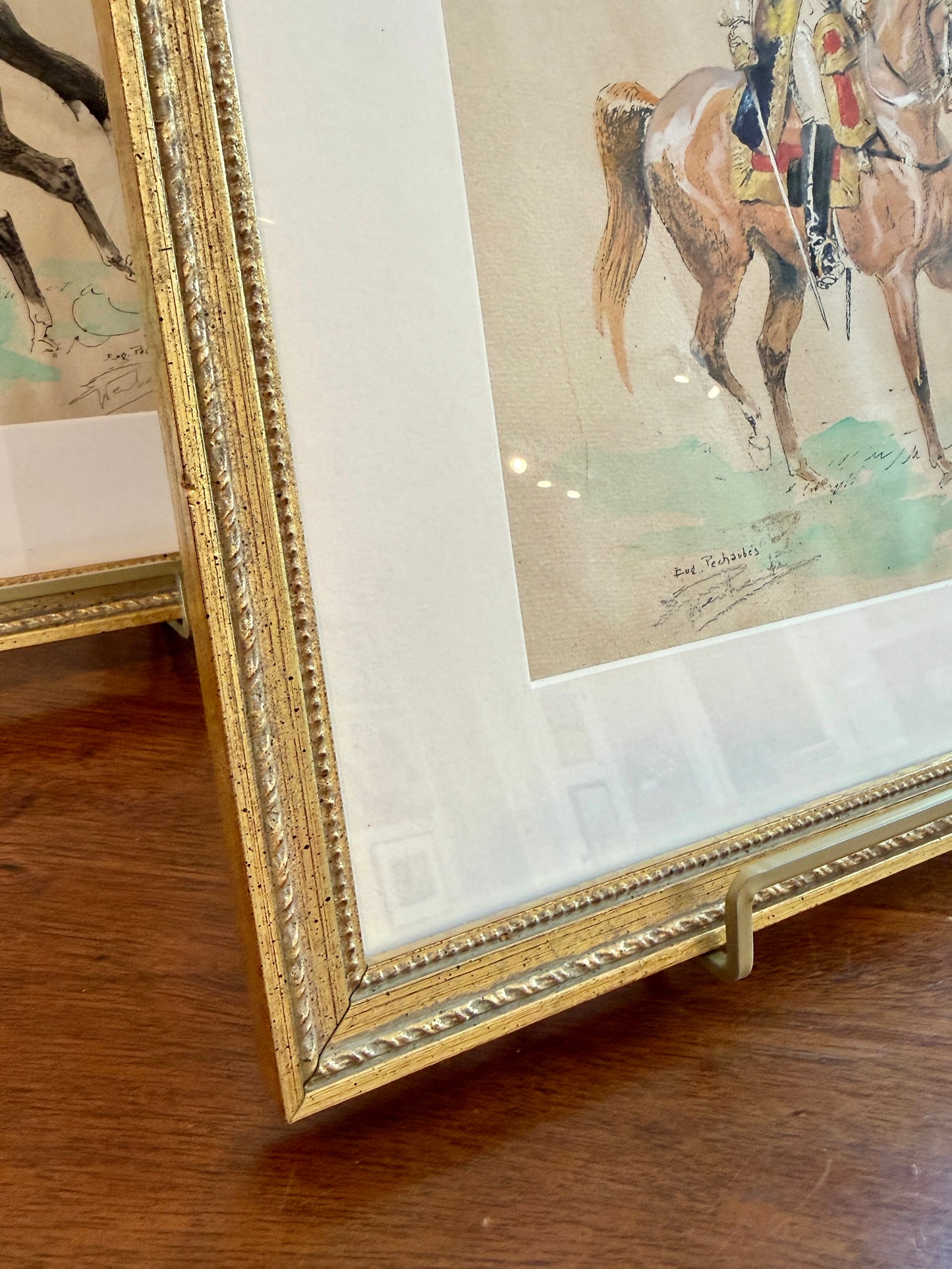Set of Four Eugène Pechaubes Military Officers on Horseback Portraits Gouache Painted Engravings in Gold Frames
