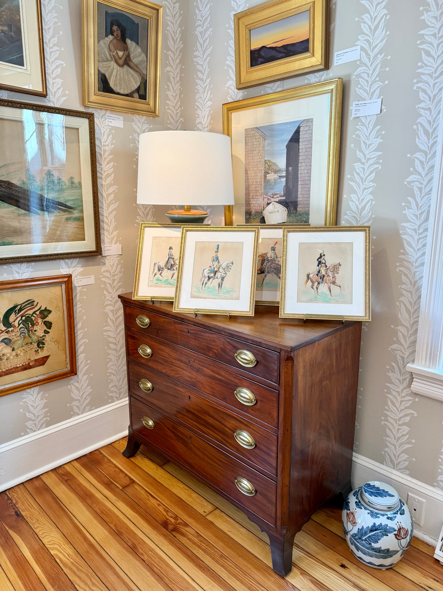 Set of Four Eugène Pechaubes Military Officers on Horseback Portraits Gouache Painted Engravings in Gold Frames
