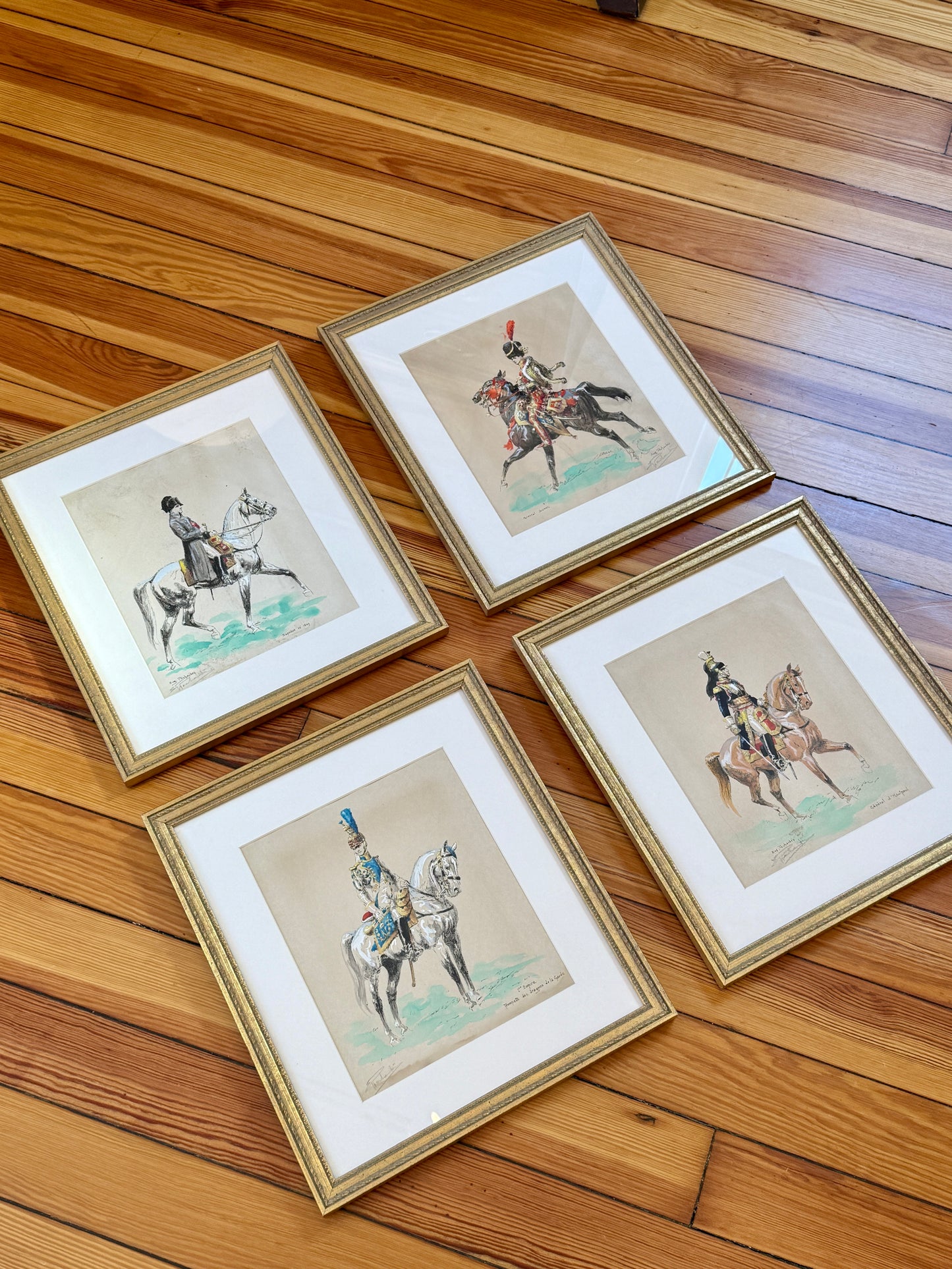 Set of Four Eugène Pechaubes Military Officers on Horseback Portraits Gouache Painted Engravings in Gold Frames