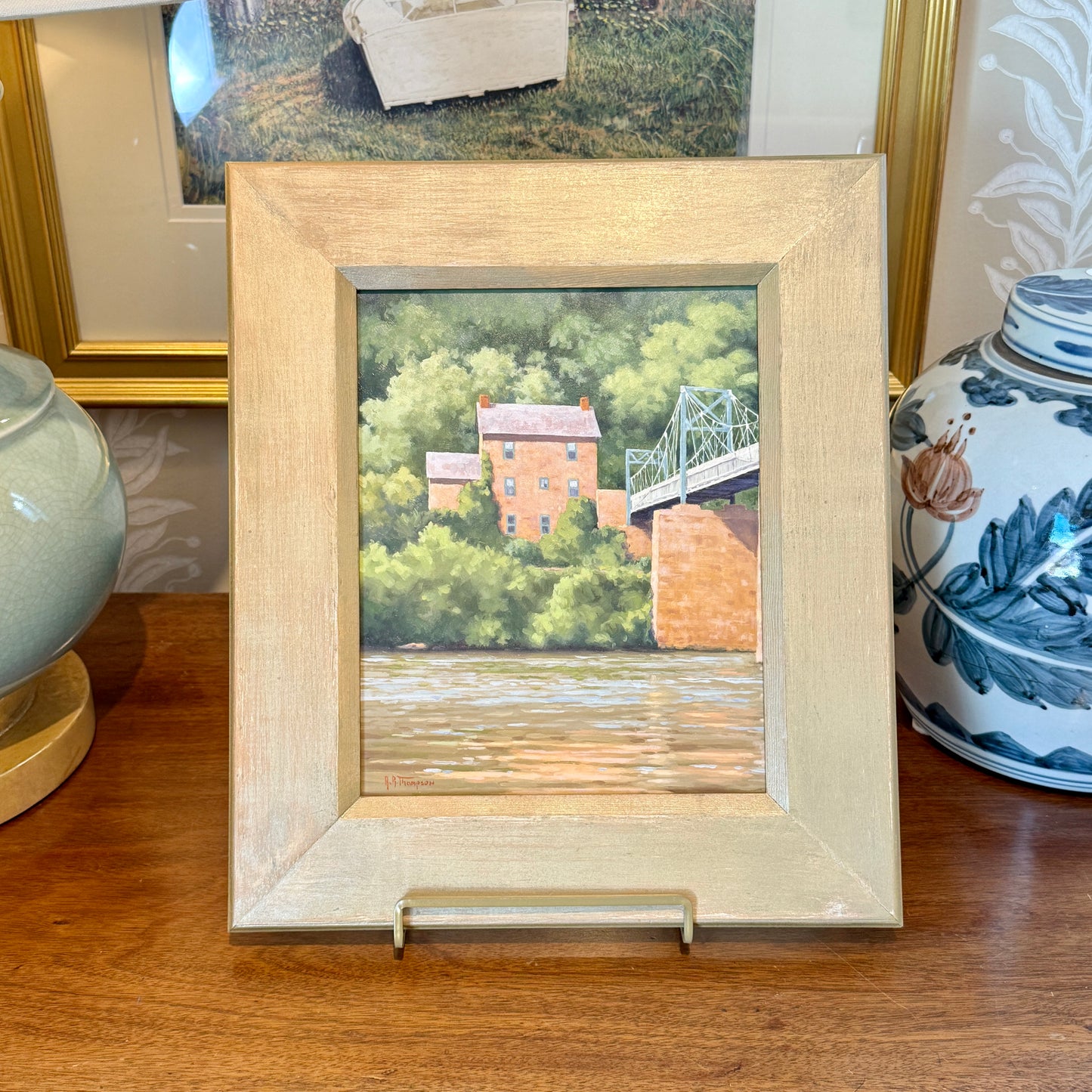 Anthony R. Thompson Delaware River Pennsylvania Landscape Oil Painting in Gold Frame