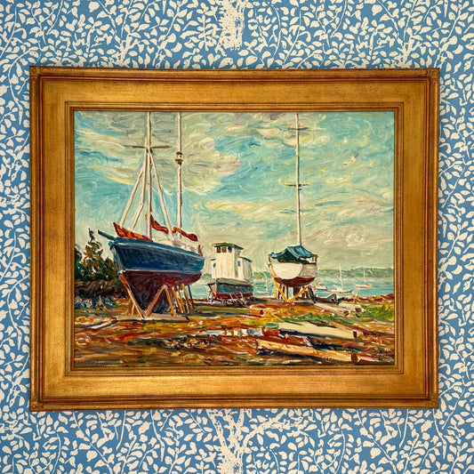Edmund Jordan Lifting Fog East Boothbay Harbor Drydock Seascape Oil Painting in Gold Frame