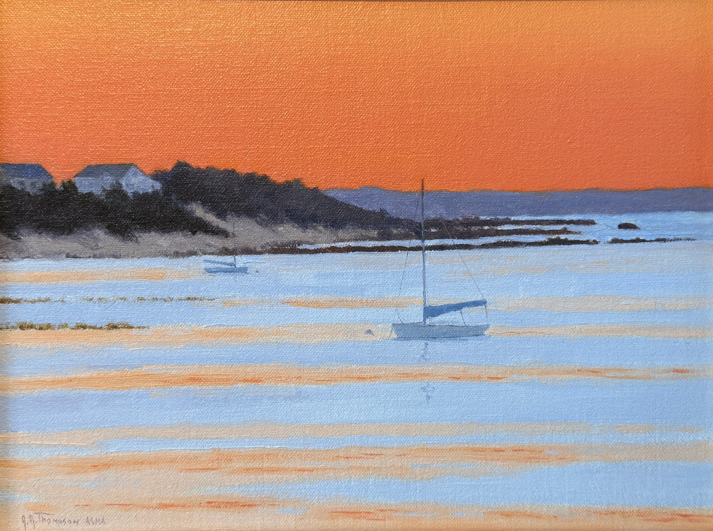 Anthony R. Thompson Cape Cod Bay Sunset Seascape Oil Painting in Gold Frame