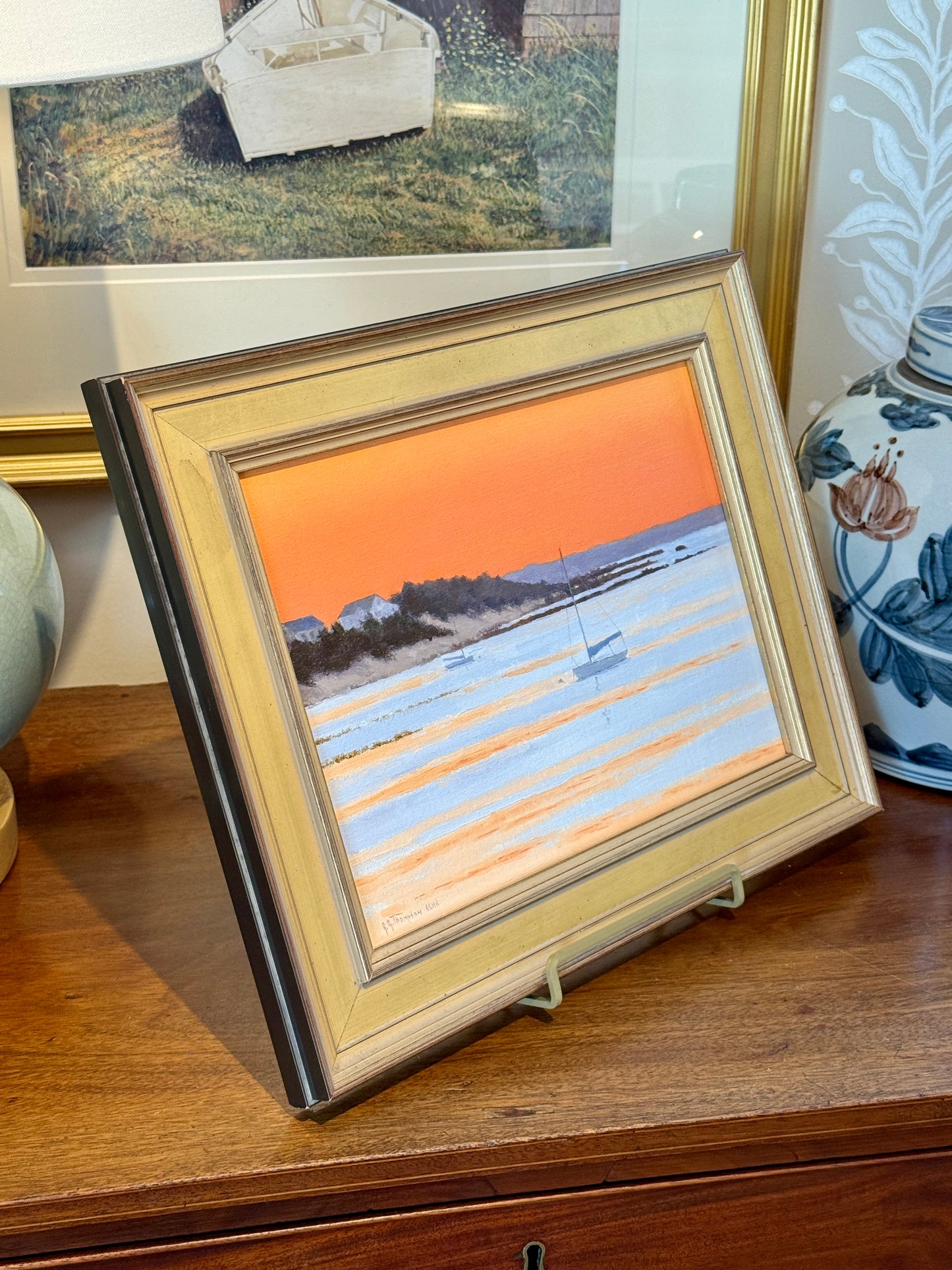 Anthony R. Thompson Cape Cod Bay Sunset Seascape Oil Painting in Gold Frame