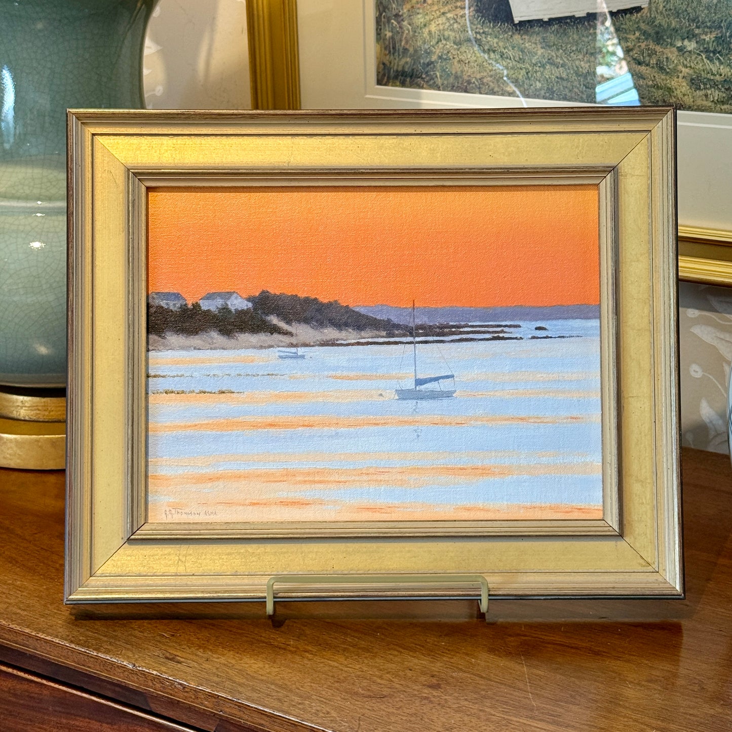Anthony R. Thompson Cape Cod Bay Sunset Seascape Oil Painting in Gold Frame