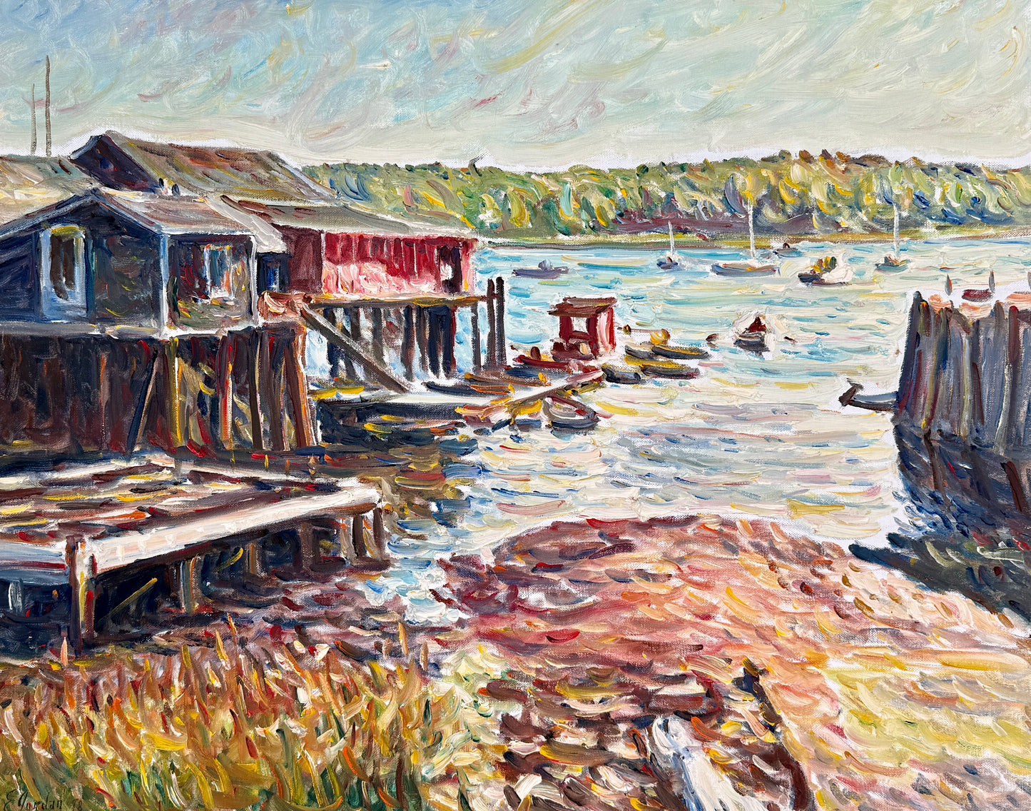 Edmund Jordan Southwest Harbor Afternoon Mount Desert Island Maine Seascape Oil Painting in Gold Frame