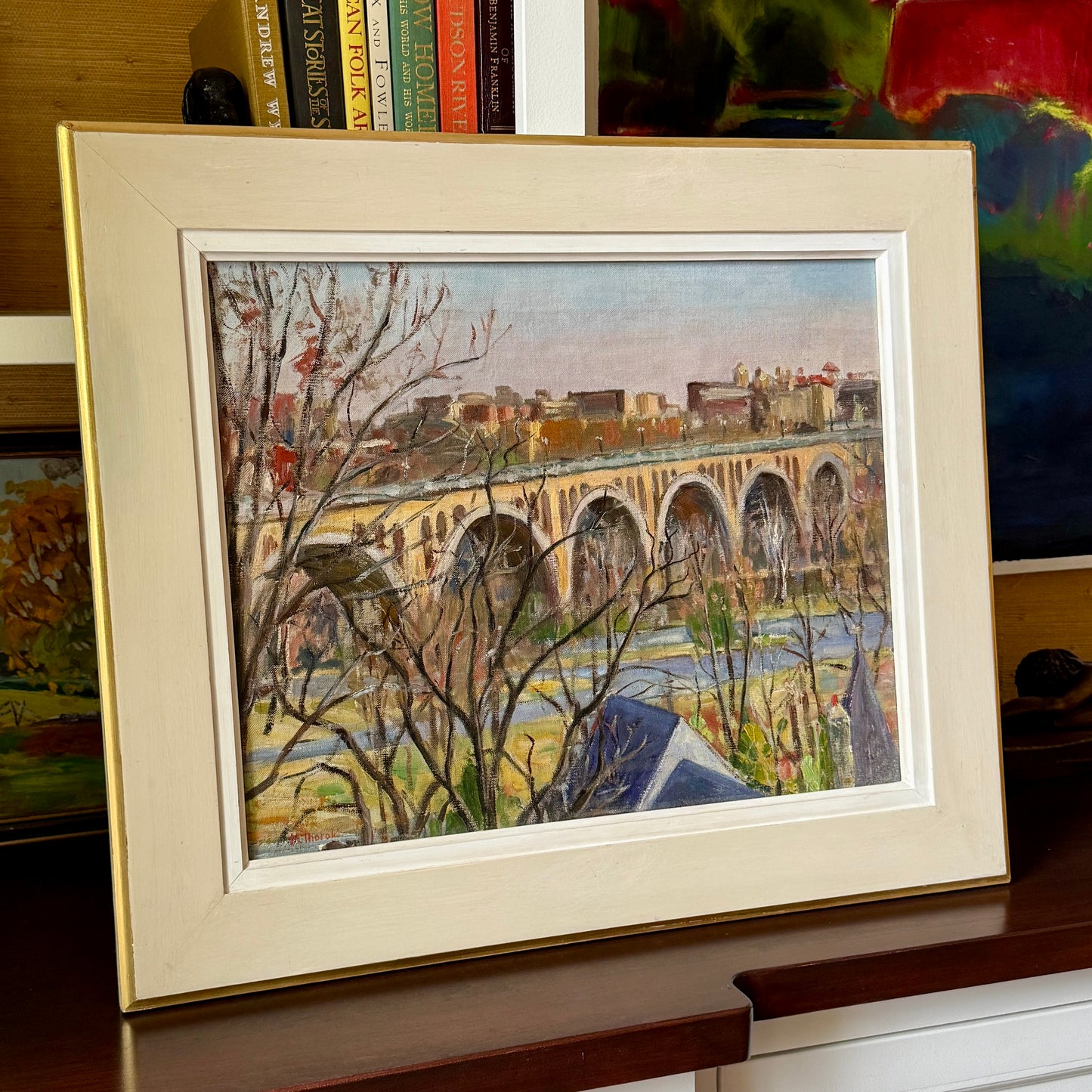 Arlington Virginia from Georgetown Fracis Scott Key Bridge Oil Painting in Cream and Gold Frame
