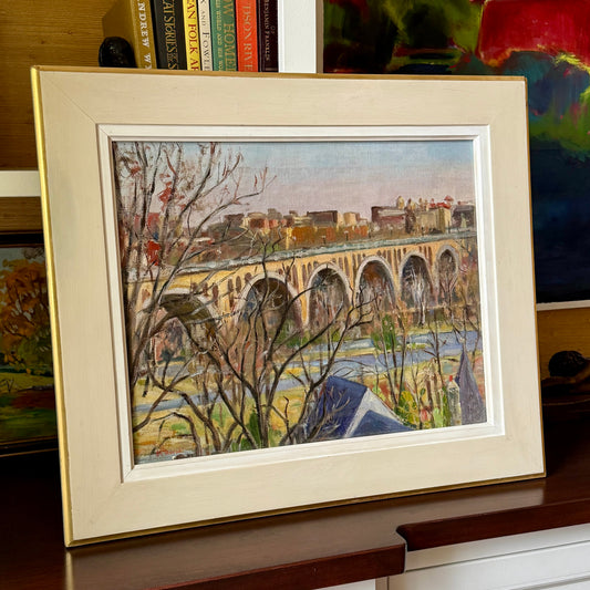 Arlington Virginia from Georgetown Fracis Scott Key Bridge Oil Painting in Cream and Gold Frame