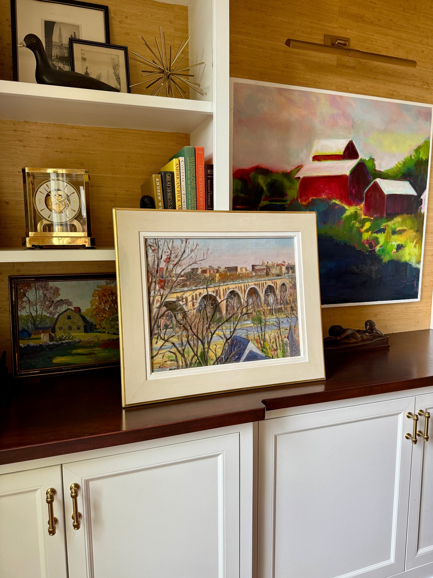 Arlington Virginia from Georgetown Fracis Scott Key Bridge Oil Painting in Cream and Gold Frame