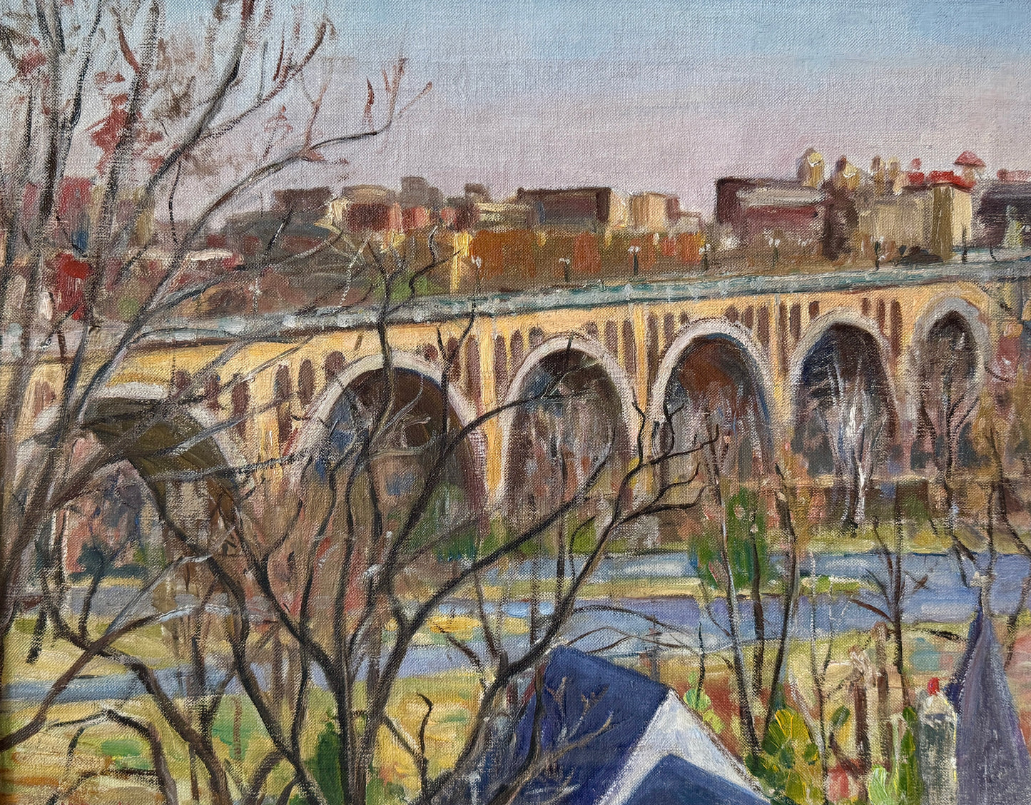 Arlington Virginia from Georgetown Fracis Scott Key Bridge Oil Painting in Cream and Gold Frame