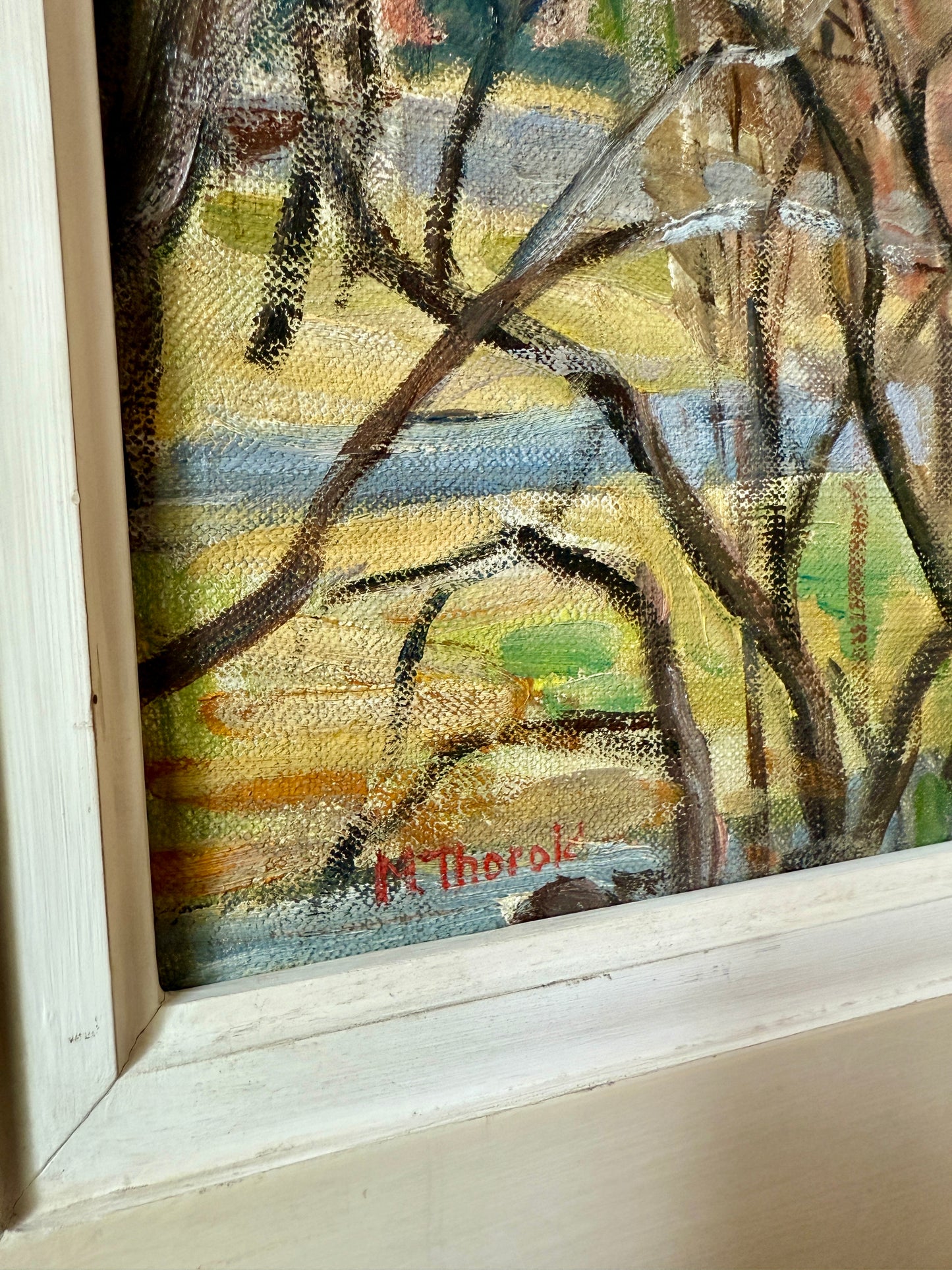 Arlington Virginia from Georgetown Fracis Scott Key Bridge Oil Painting in Cream and Gold Frame