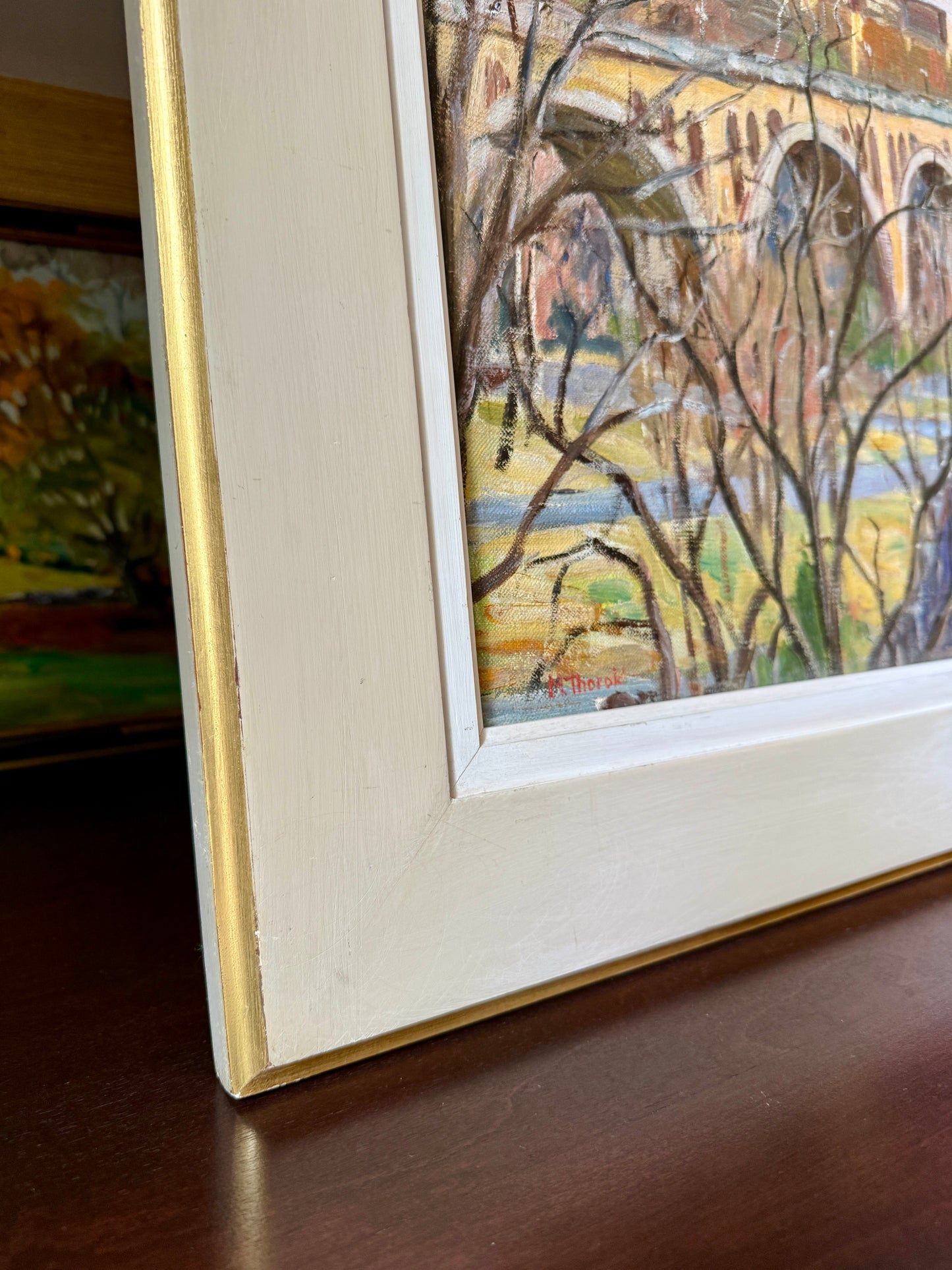 Arlington Virginia from Georgetown Fracis Scott Key Bridge Oil Painting in Cream and Gold Frame