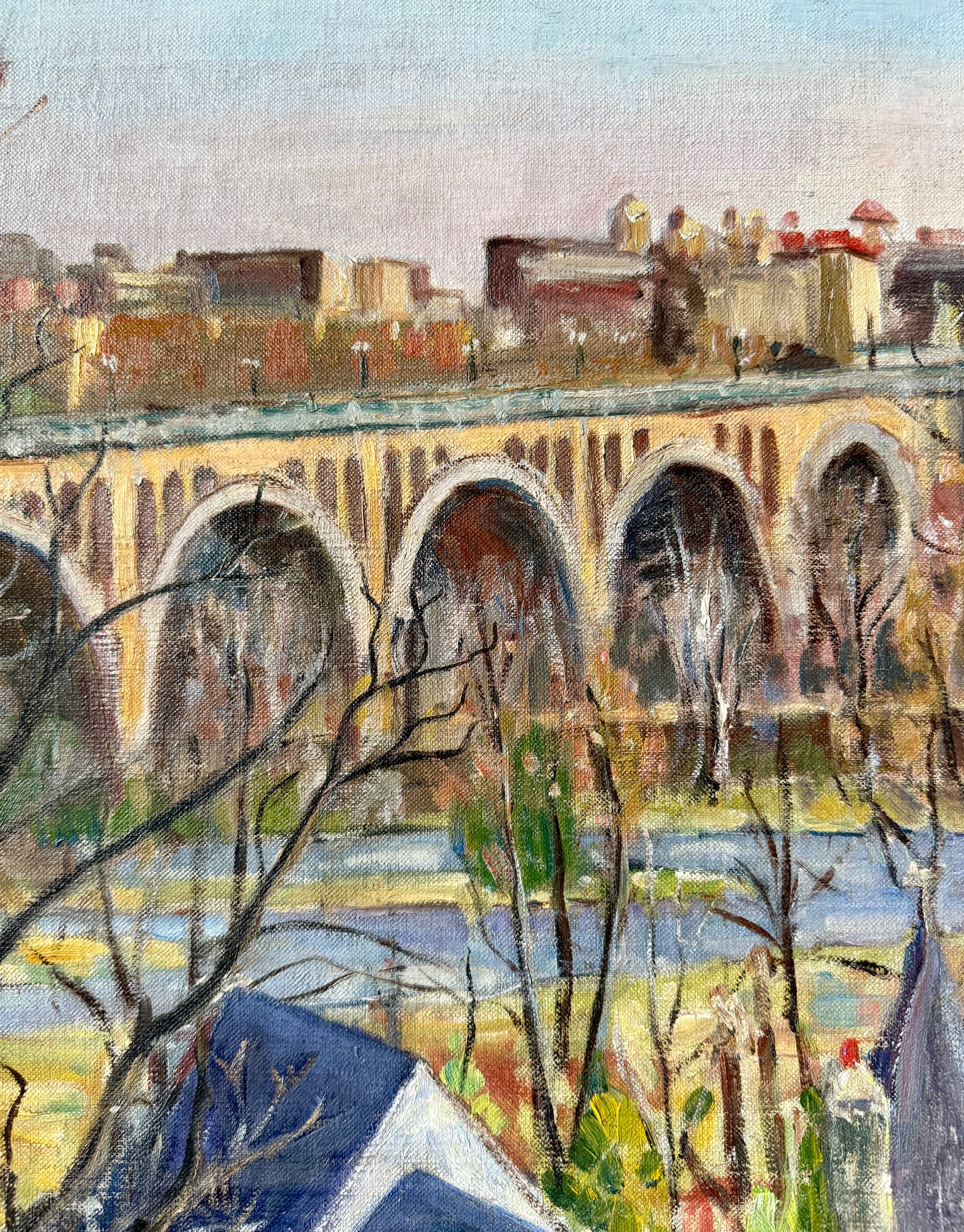 Arlington Virginia from Georgetown Fracis Scott Key Bridge Oil Painting in Cream and Gold Frame