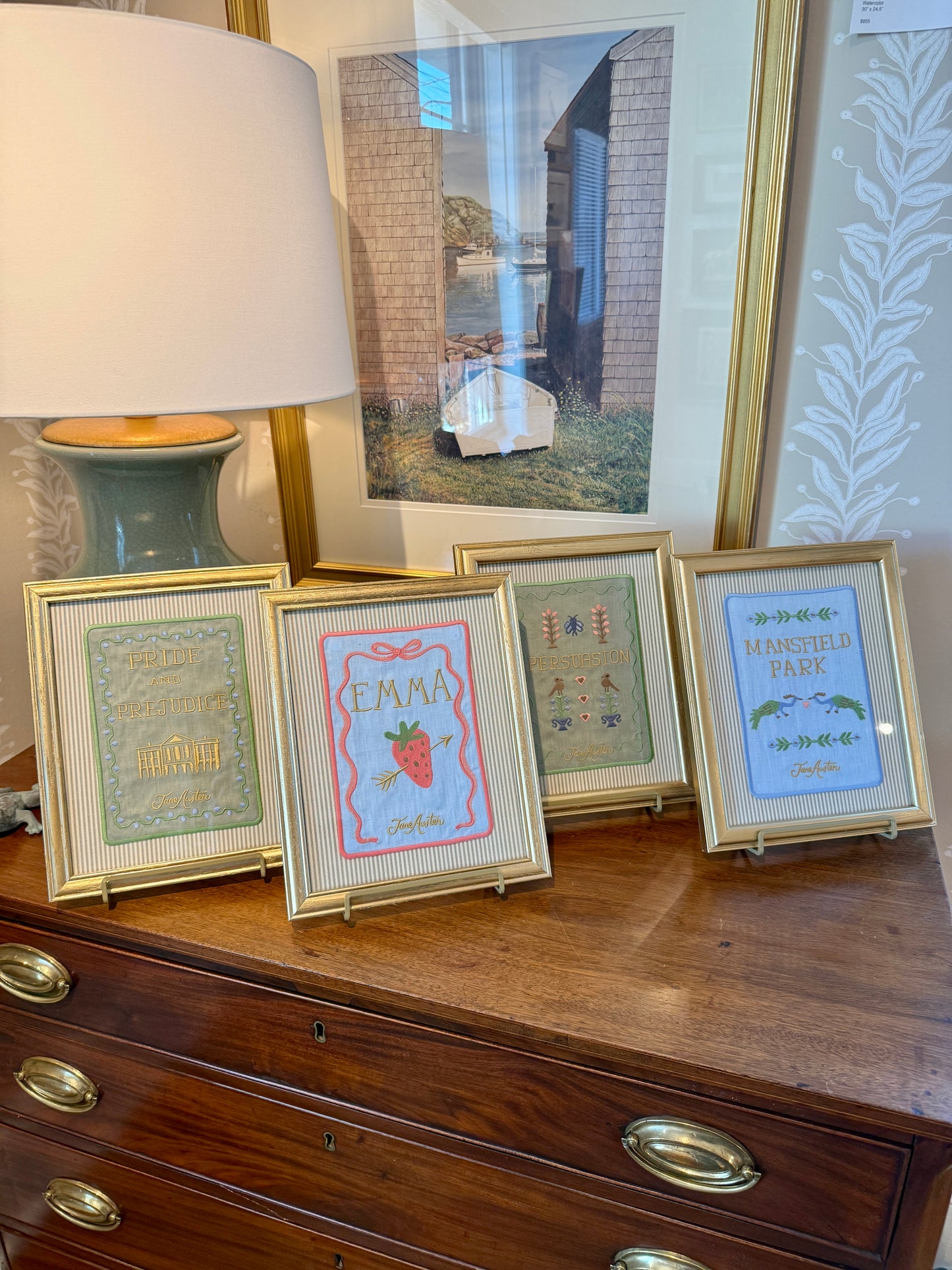 Jane Austen Novels Set of Four Emroidered Linen Books on Neutral Ticking Stripes in Gold Frames