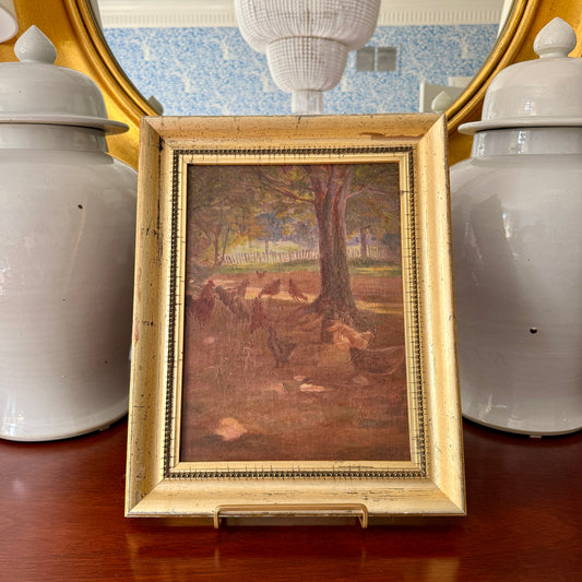 Charles Franklin Chamberlain Chickens in Farm Landscape Oil Painting in Gold Frame