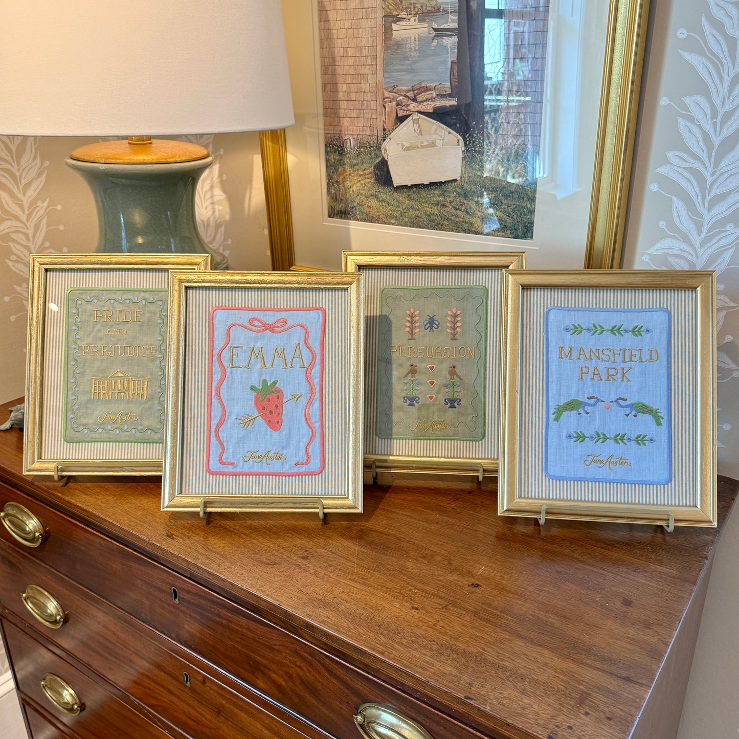 Jane Austen Novels Set of Four Emroidered Linen Books on Neutral Ticking Stripes in Gold Frames
