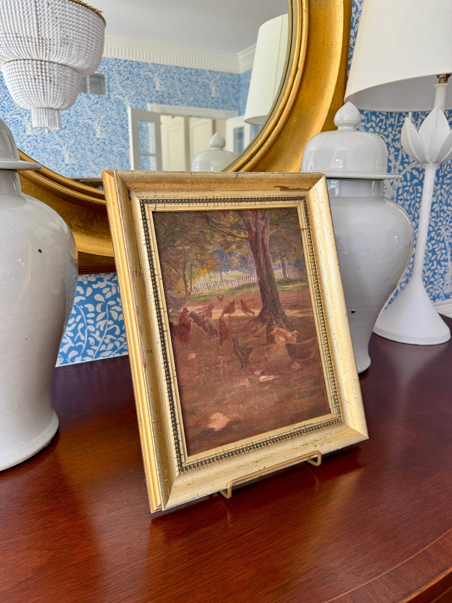 Charles Franklin Chamberlain Chickens in Farm Landscape Oil Painting in Gold Frame