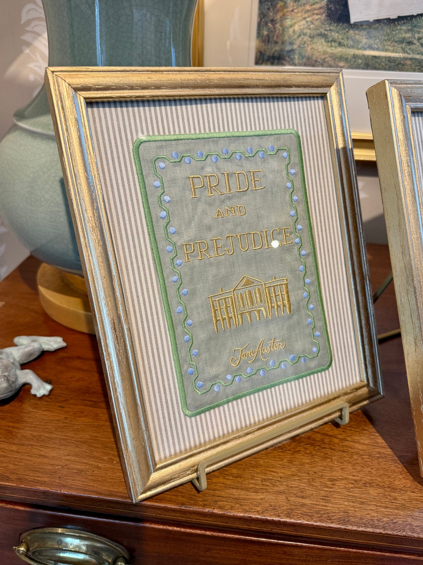 Jane Austen Novels Set of Four Emroidered Linen Books on Neutral Ticking Stripes in Gold Frames
