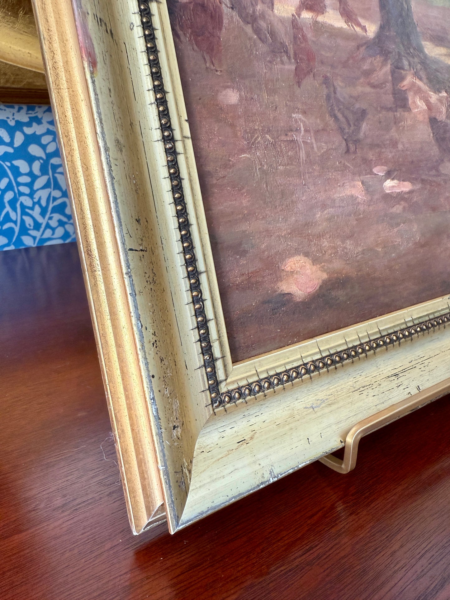 Charles Franklin Chamberlain Chickens in Farm Landscape Oil Painting in Gold Frame